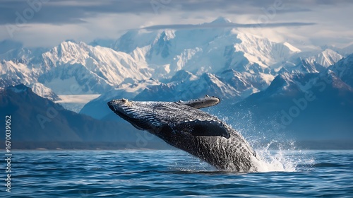 Wallpaper Mural Humpback Whale Breaching the Ocean Surface Against Snowy Mountain Backdrop Torontodigital.ca
