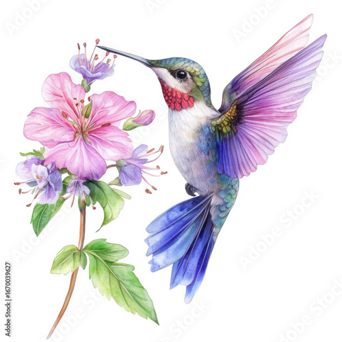 Watercolor painting of a hummingbird with pink and purple flowers isolated on transparent background
