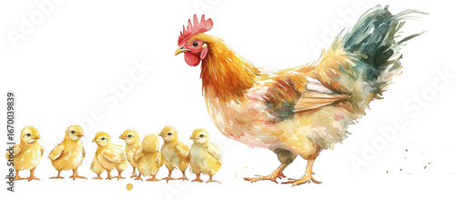 Watercolor painting of a hen with her chicks isolated on transparent background