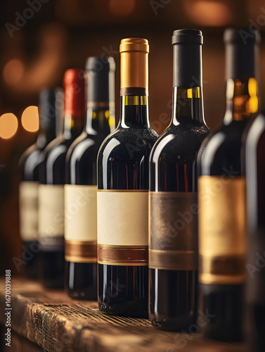 Selection of red wine bottles arranged on a wooden table in a cozy dimly lit environment during a gathering
