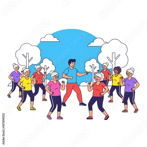 Group of Seniors Doing Exercise Led by Instructor in Outdoor Setting with Trees and Blue Sky