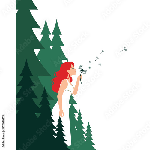 Red Haired Woman Blowing Dandelion Seeds Amidst Green Pine Forest in White Dress Graphic Illustration Peaceful Scene