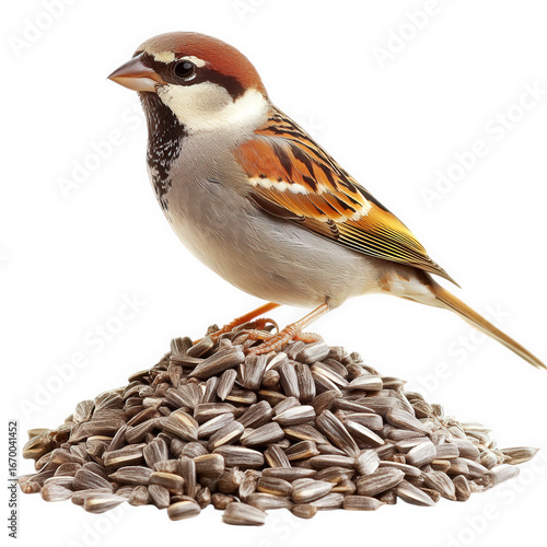 Sparrow perched on a pile of sunflower seeds isolated on transparent background