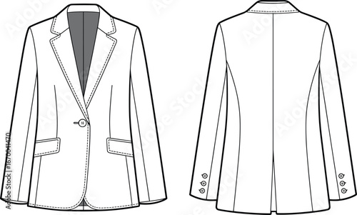 Women’s blazer technical sketch, fashion jacket front and back view, formal clothing design template, apparel flat drawing, tailored coat illustration, vector outline design.