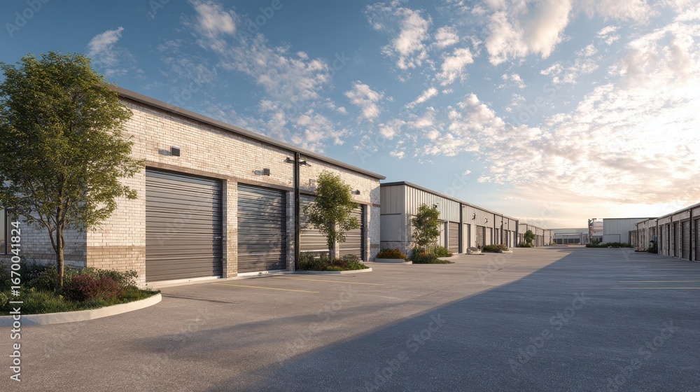 A long row of self-storage units under a blue sky with white clouds. Great for business, logistics, personal storage, or real estate needs. A long row of self-storage units under a blue sky with white clouds. Great for business, logistics, personal storage, or real estate needs.
