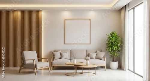 A minimalist living room with a light-colored sofa, a matching armchair, two round wooden coffee tables, and a large potted plant. The wall features vertical wood paneling and an empty picture frame, 