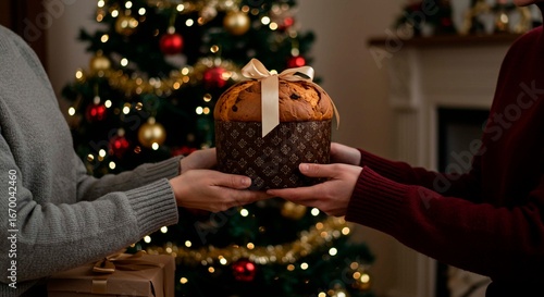 Person giving panettone with ribbon to another person christmas tree in the background indoors home setting