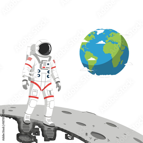 Pixelated Astronaut in White Space Suit Standing on the Grey Moon Surface with Earth in the Background