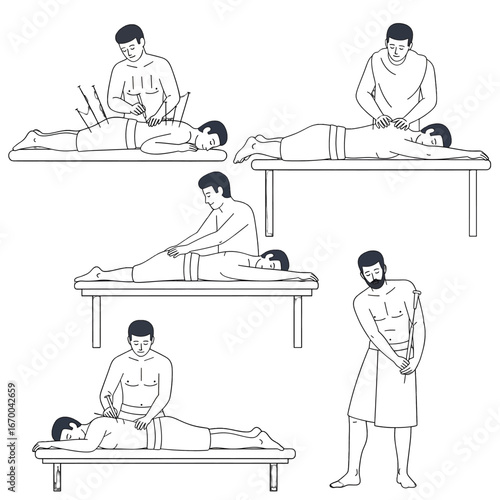 Line Art Depicting Various Massage Therapy Techniques on Lying People on Tables in a Clinical Setting for Health and Wellness