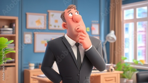 Thoughtful 3D animated businessman character in gray suit pondering a decision in bright blue office with bulletin boards and plants, corporate animation style