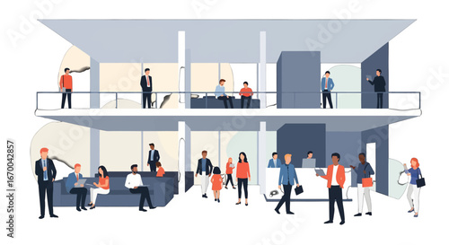 Diverse Group of People in a Modern Two Story Office Building with Light Airy Interior and Casual Business Outfits