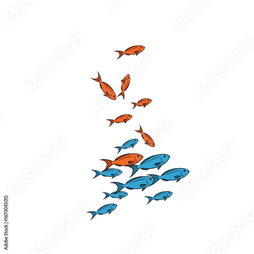 School of Fish Swimming Together in Orange and Blue Colors on a White Background