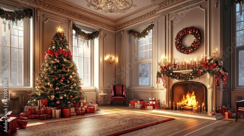 Wallpaper Mural Elegant christmas living room with tree fireplace wreath gifts and garlands festive holiday interior celebration Torontodigital.ca