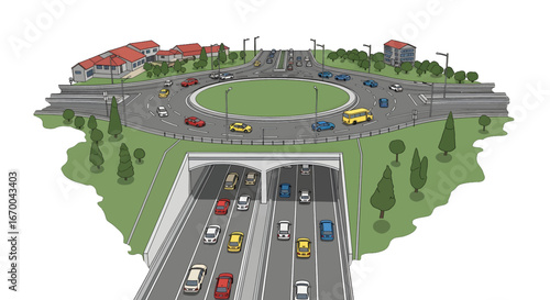 Aerial View of Roundabout and Tunnel with Cars in an Urban Landscape and Buildings Under Daylight Conditions in Stylized Graphic Style