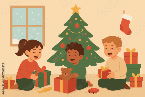 Kids happily opening Christmas presents near decorated tree, flat design festive illustration.