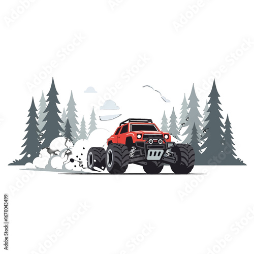 Red Monster Truck Off Roading Through a Gray Pixel Art Forest in an Outdoor Adventure Pixelated Automotive Design