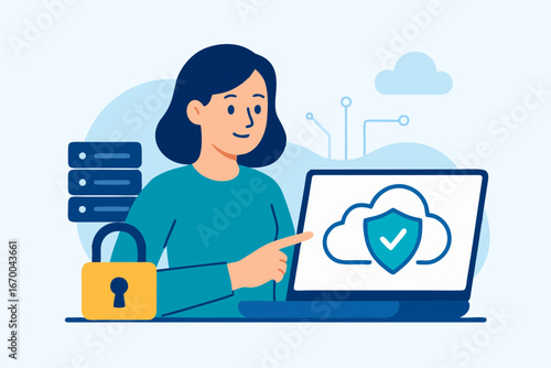 Flat illustration of woman using cloud computing with security lock for data protection and digital safety.