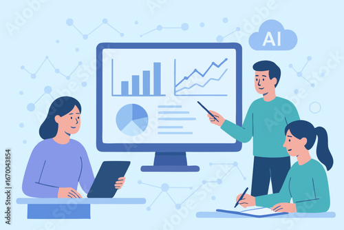  Business team analyzing artificial intelligence data and graphs.