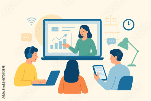 Woman giving online business presentation on large screen with team attending.