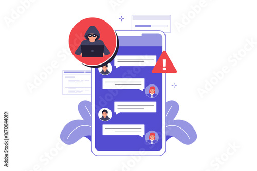 Illustration of Man-in-the-Middle Attack. Hacker Intercepting Private Communication, Emphasizing the Threat of Cyber Espionage and Unsecured Networks. Vector Flat Illustration
