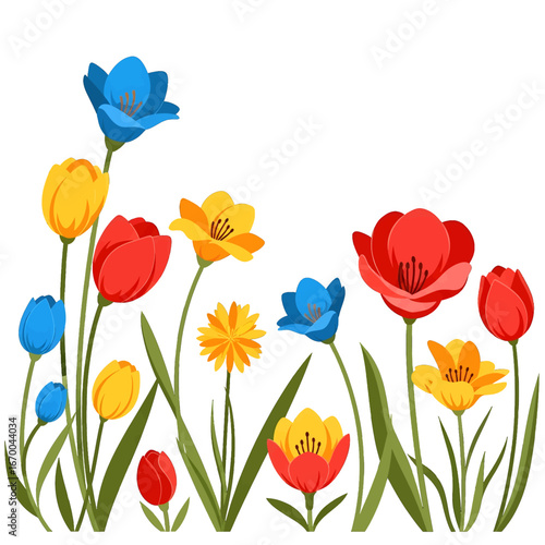 Wallpaper Mural Floral Collection with Red Yellow and Blue Flowers on White Background Featuring Green Leaves in a Flat Lay Style Torontodigital.ca