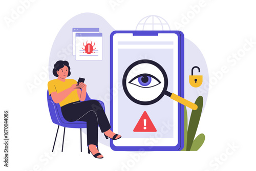 Mobile Spyware Threat illustration. Illustration of a Woman Discovering Malware Spying on Her Smartphone, Highlighting the Importance of Data Protection and Cyber Security. Vector Flat Illustration