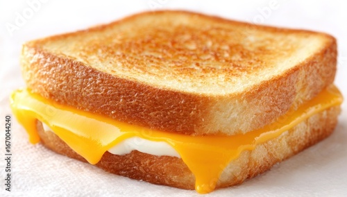 Golden grilled cheese sandwich square toast, melted orange cheese oozing, and white filling, on a textured white background