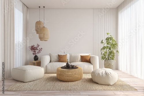 Bright living room with neutral colors and rattan accents, cozy scene. Perfect for interior design blogs or home decor ads, great template.