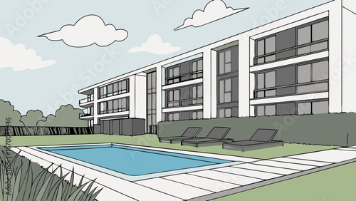 Apartment building with swimming pool and lounge chairs illustration