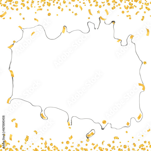 Festive Gold Confetti Falling with Decorative Frame for Celebratory Events on White Background