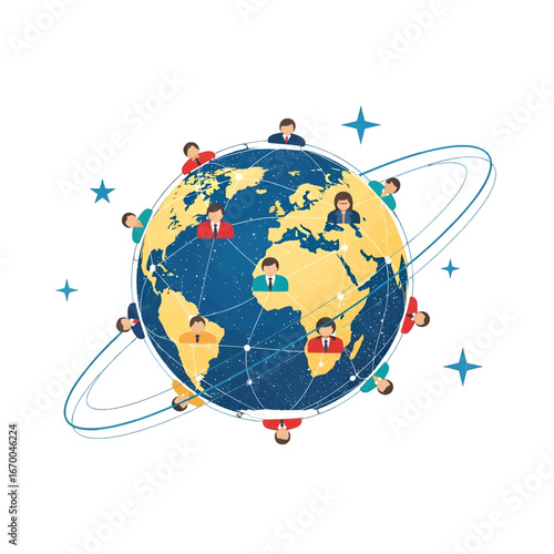 Global Network of People Connected around Blue Earth with Orbits and Stars Representing International Business