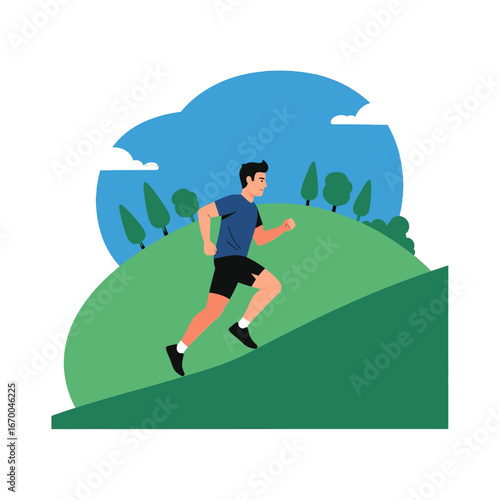 Man in Blue Shirt Running Up a Green Hill Under a Blue Sky in a Minimalist Flat Style Illustration