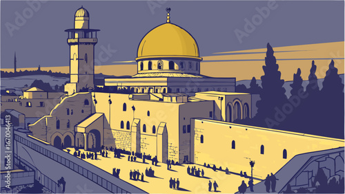 A stylized illustration of a religious complex featuring a golden dome a minaret and surrounding walls with people gathered in the courtyard.