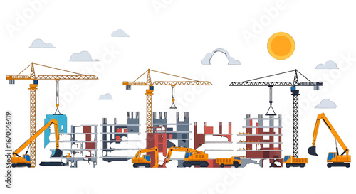 Pixel Art Cityscape with Construction Cranes and Buildings Under Construction in Bright Sunlight and Cloudy Sky