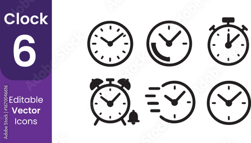 Collection of six different clock icons representing time and measurement