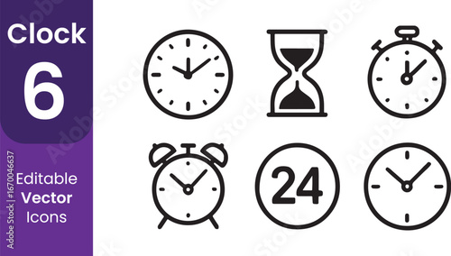 Collection of six different clock icons including analog clocks hourglass stopwatch alarm clock and a 24 hour clock symbol