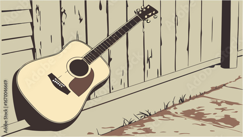 Acoustic Guitar Leaning Against a Fence Musical Instrument Illustration Country Music Folk Music Background.