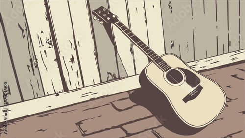 Acoustic Guitar Leaning Against Wooden Wall Music Instrument Illustration Country Music Design.
