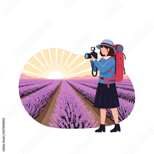 Female Tourist in Hat Taking Picture of Lavender Field Landscape with Backpack Under Sunset Light Pixelated Style