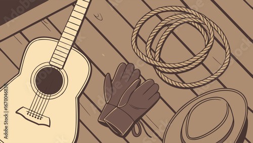 Acoustic Guitar Cowboy Hat Gloves and Rope on Wooden Background Western Music Country Theme Illustration.