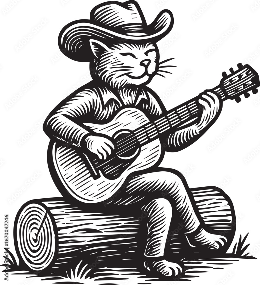 Fototapeta premium Cat playing guitar with cowboy hat vector illustration