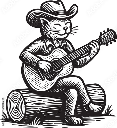 Cat playing guitar with cowboy hat vector illustration