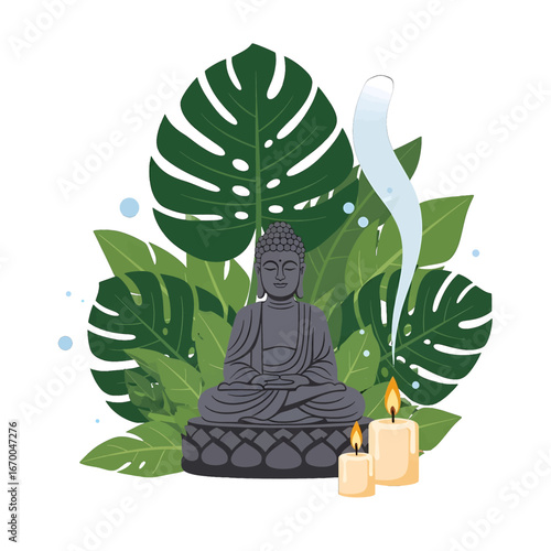 Gray Buddha Statue with Tropical Green Leaves and Burning Candles Vector Illustration