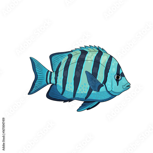 Pixelated Striped Fish with Blue and Black Stripes on a White Background Aquatic Animal