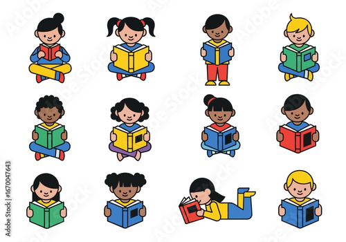 Children of various ethnicities reading books inclusive education, diversity, learning, multicultural, back to school, childhood, literature, education concept.