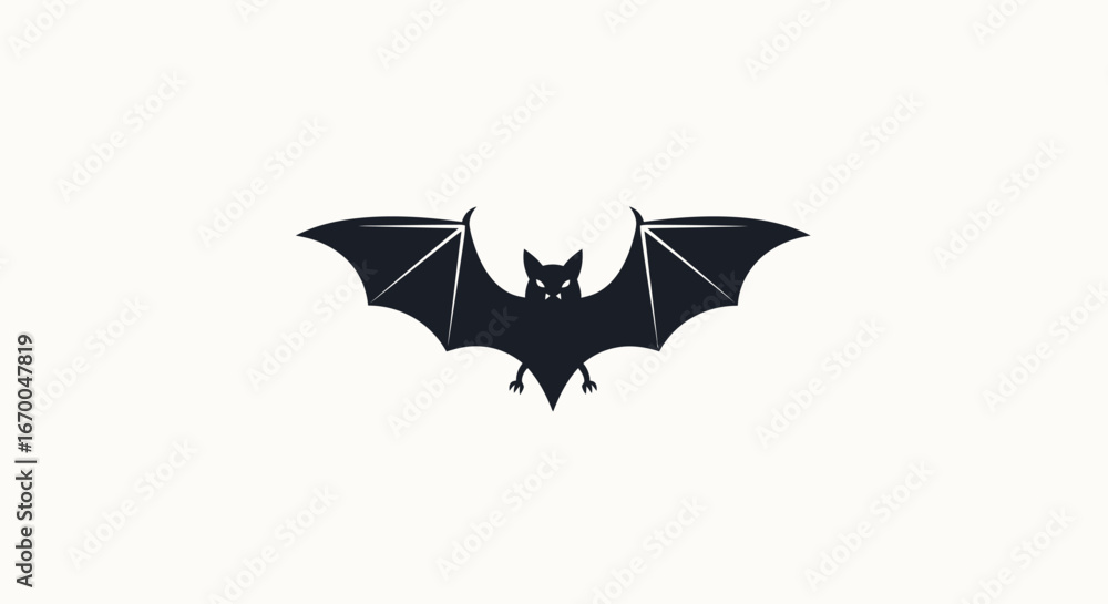 Fototapeta premium A graphic illustration of a black bat with outstretched wings against a white background, evoking a sense of mystery and the nocturnal world