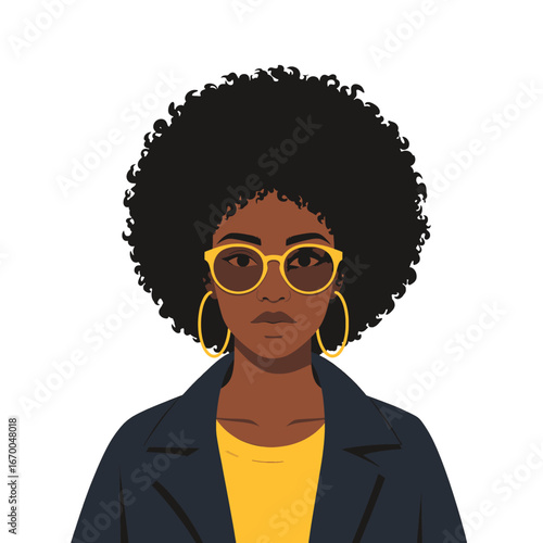 Pixelated Portrait of a Young Dark Skinned Woman With Afro Wearing Yellow Top and Sunglasses Isolated on White Background