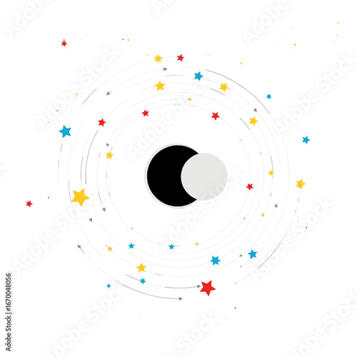 Solar Eclipse Illustration with Colorful Stars and White Circular Orbits on a White Background
