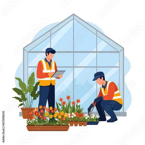 Two Workers Cultivating Flowers Inside Glass Greenhouse Wearing Safety Vests Inspecting Plants and Holding Clipboard