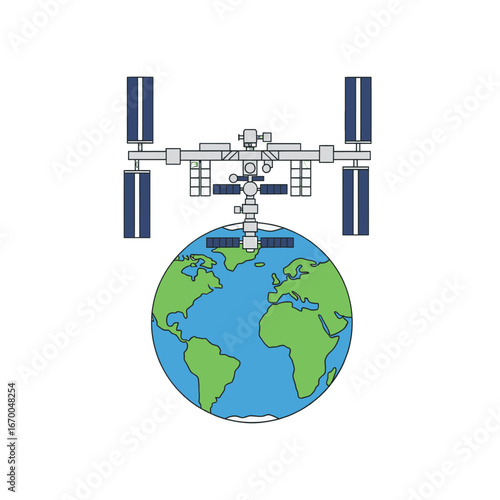 Satellite Orbiting Earth Illustration Featuring Solar Panels and Communication Modules for Space Exploration